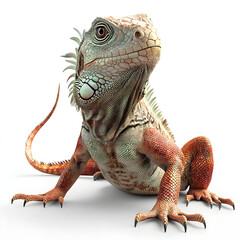 Obraz premium Huge iguana, red and green in color with a spiky tail on a white background, full body, photorealistic, a funny and cute creature, realistic details, hyper-realism, ultra-high resolution, high 