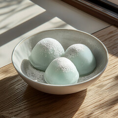 Trio of pale blue mochi dusted with sugar, nestled in a ceramic bowl on a textured wooden surface.