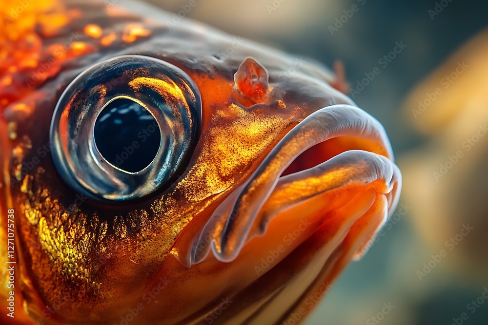 Poster close up of a vibrant goldfish showcasing intricate details of its shimmering scales : generative ai