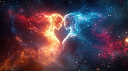 Fototapeta premium A fantasy love concept featuring two celestial beings connected by glowing energy.