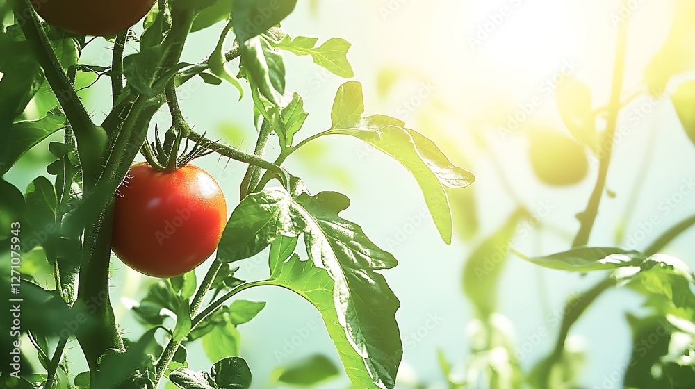 Poster fresh and ripe red tomatoes growing on a vine with lush green leaves in soft light : generative ai