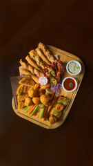 Deep fried battered snacks for beer on a wooden tray on the table