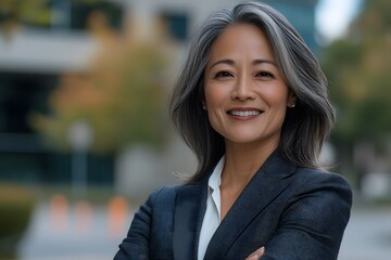 Obraz premium Confident businesswoman smiling, city background, headshot, portrait