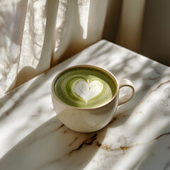 Elegant matcha latte with heart design. The light of the morning sun highlights the marble table.