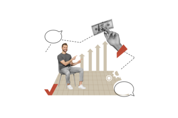 Collage business manager working marketing strategy deal commerce direct fingers improvement get profit usd isolated on beige background