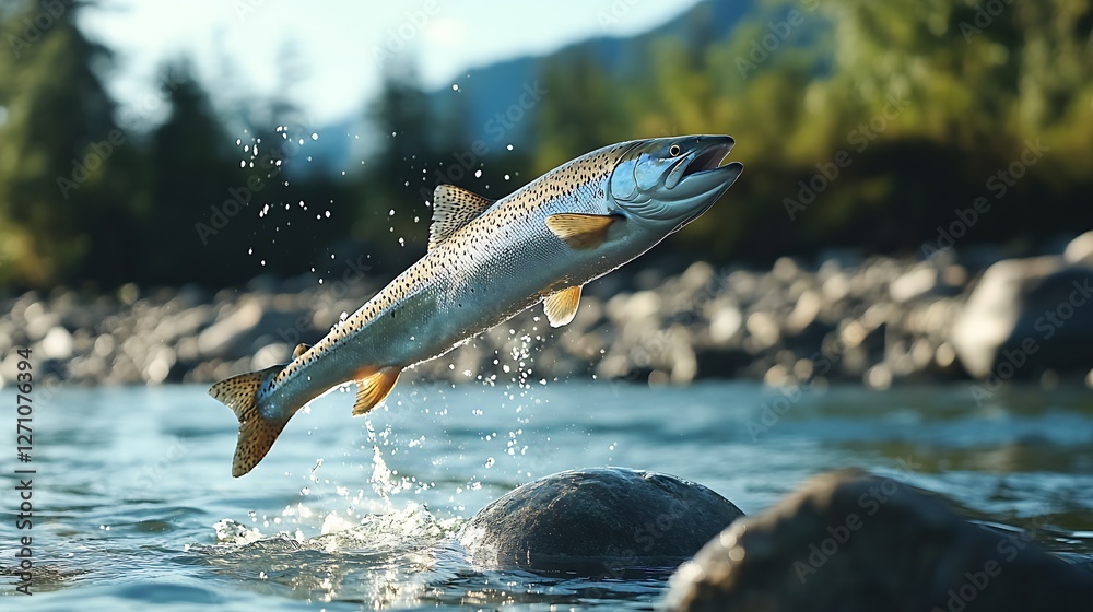 Poster beautiful trout fish leaping from a sparkling river surrounded by stunning nature : generative ai