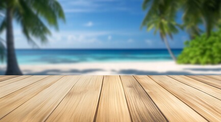 Fototapeta premium Blurred view of wooden surface with tropical beach background showcasing palm trees and clear blue sea : Generative AI