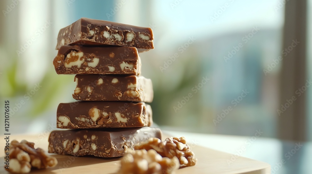 Poster Artfully Stacked Chocolate Bars with Walnuts on a Wooden Surface in a Bright Setting : Generative AI