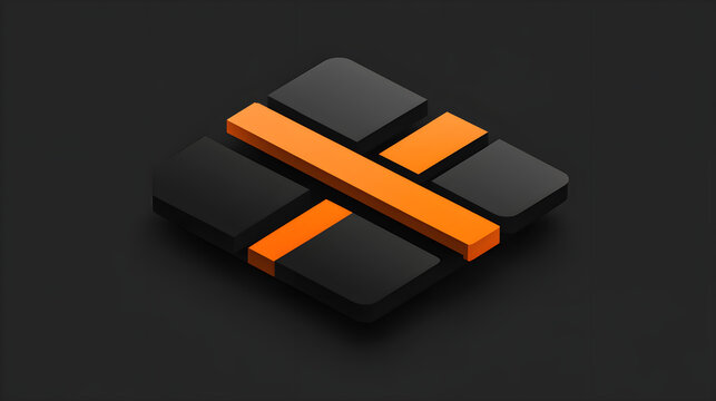 Logo in a minimalistic style, featuring three black squares with orange lines stacked on top of each other in the shape of an E. The design uses simple shapes against a dark background, with 