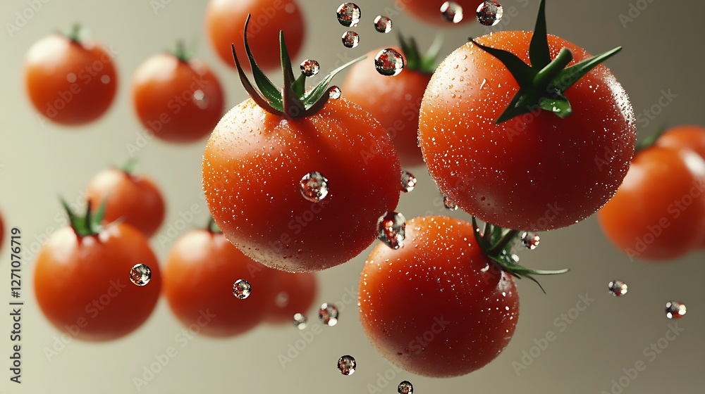 Aufkleber Fresh ripe tomatoes floating with water droplets creating an appetizing view : Generative AI