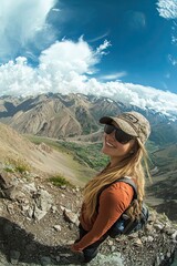 Naklejka premium Portrait of happy female tourist standing on top of mountain ridge with mountains in background. side view. looking back. fisheye lens