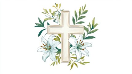 Elegant Easter Cross with Blooming Lilies Symbolizing Resurrection, Faith, and New Beginnings. Religious Concept Representing Christianity, Hope, and Spiritual Renewal.