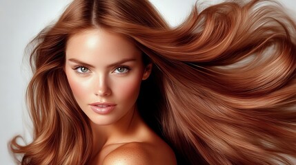 Naklejka premium A young, beautiful woman with long, perfect, healthy, lovely, and shiny hair swings her head from side to side, happy with her beauty products, hair shampoo, or conditioner