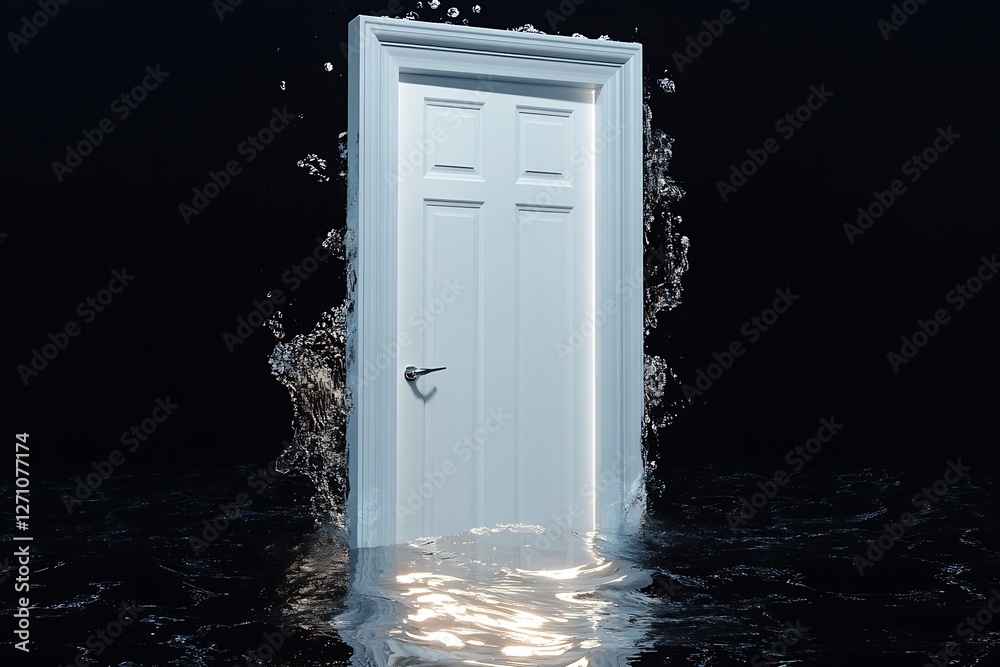Aufkleber Surreal white door emerging from water in an abstract concept of new dimensions and possibilities : Generative AI