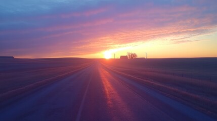 Sunrise over rural road, farm in distance, peaceful morning scene, perfect for travel or nature websites
