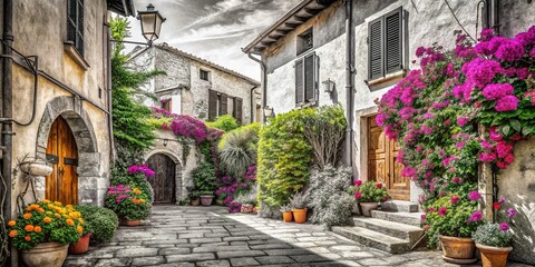 Fototapeta premium Charming Black & White Italian Street Sketch: Cozy Residential Architecture, Cobblestone Path, Flowers
