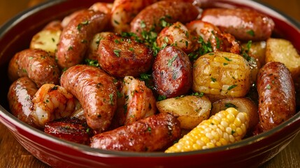 A customary seafood boil featuring shrimp, corn, potatoes, and sausage, prepared in a tasty broth, reminiscent of the joyful atmosphere of a seaside celebration