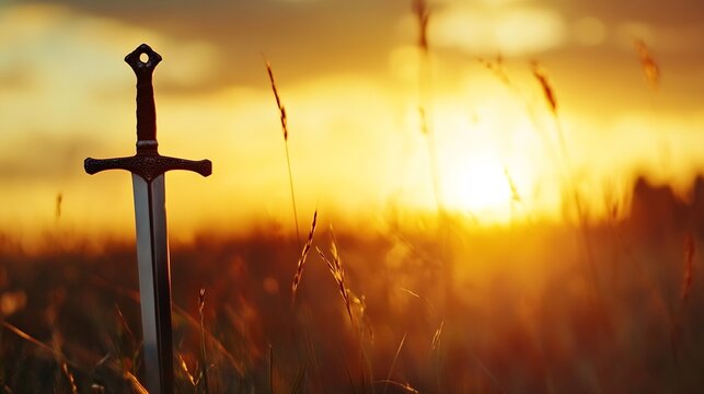 A majestic sword embedded in the grass silhouetted against a vibrant sunset sky : Generative AI