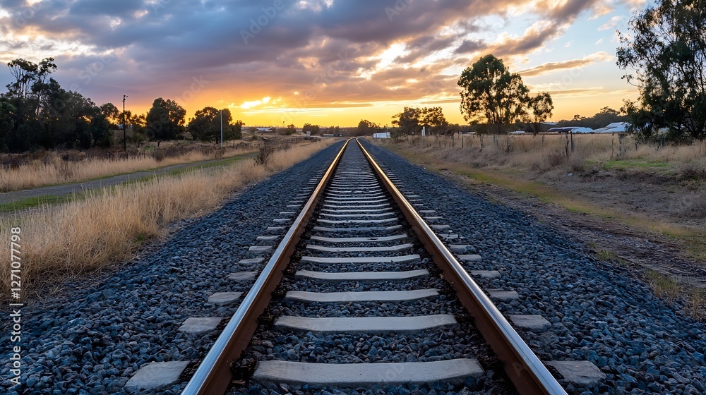 Poster beautiful sunset view along railway track surrounded by nature and trees : generative ai