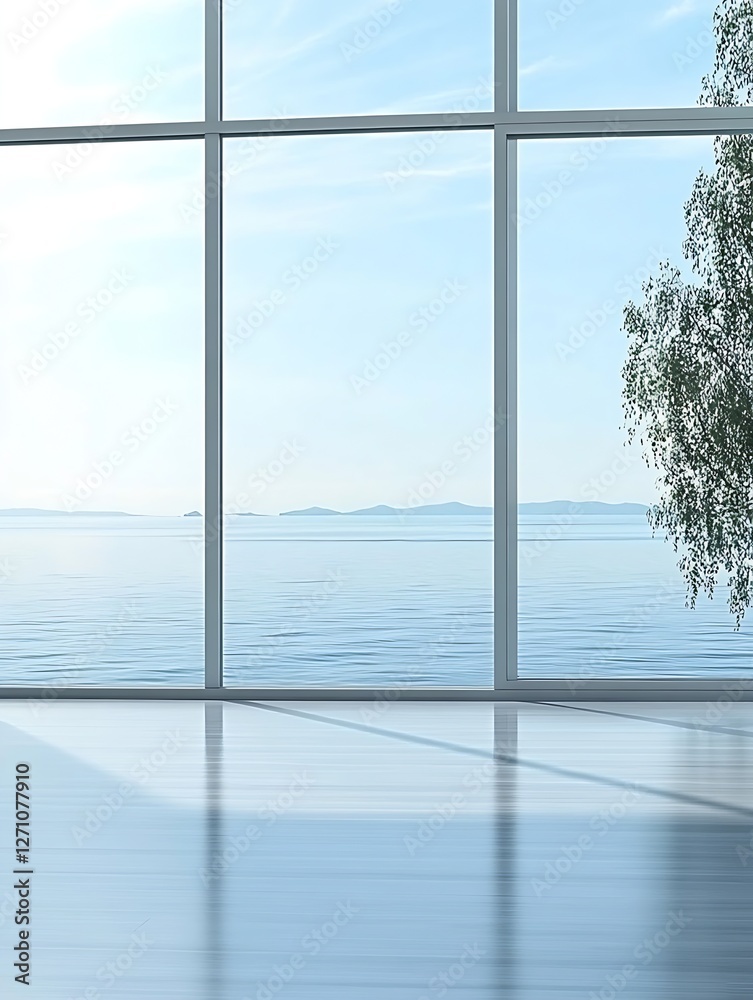 Poster Modern and airy room with panoramic view of serene water and tree through large windows : Generative AI