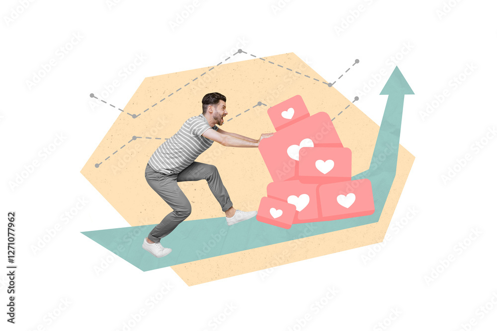 Poster creative photo collage of crazy screaming blogger pushing likes arrow pointing popularity growth up 