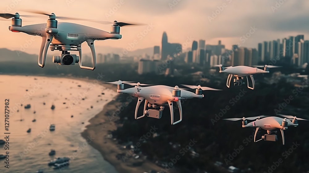 Poster advanced aerial view of multiple drones flying over a scenic coastal city during sunset : generative