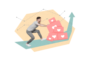 Creative photo collage of crazy screaming blogger pushing likes arrow pointing popularity growth up isolated on beige color background
