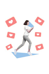 Vertical collage picture of positive girl running hold use telephone receive like notifications isolated on blue background