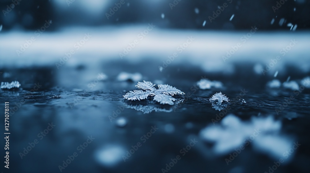 Poster Close up of delicate snowflakes resting on a frozen surface creating a winter wonderland effect : Generative AI