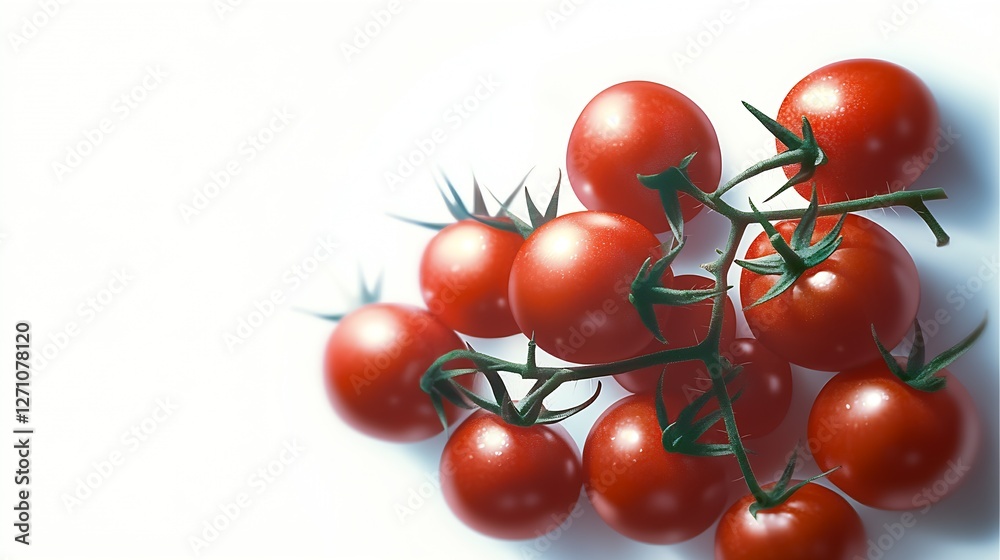 Poster fresh ripe cherry tomatoes arranged on a white background showcasing their vibrant color and texture