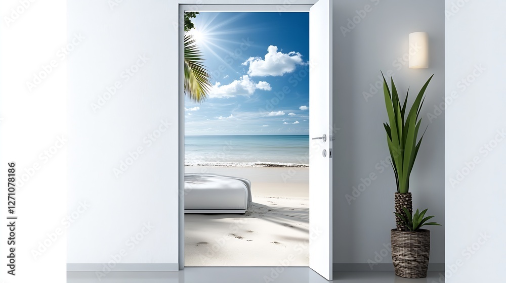 Poster Inviting Beach View Through Open Door Highlighting Tropical Paradise and Tranquil Atmosphere : Generative AI