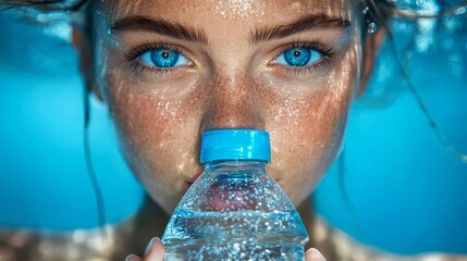 Drinking water from a bottle with visible microplastics, a person brings attention to the risks of consuming them