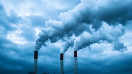 Industrial smoke stacks releasing clouds of steam against a stormy gray sky representing pollution issues : Generative AI