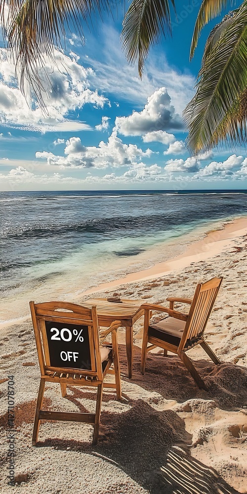 Poster relaxing beach chairs under palm trees with 20 percent off sign next to the serene ocean and cloudy 