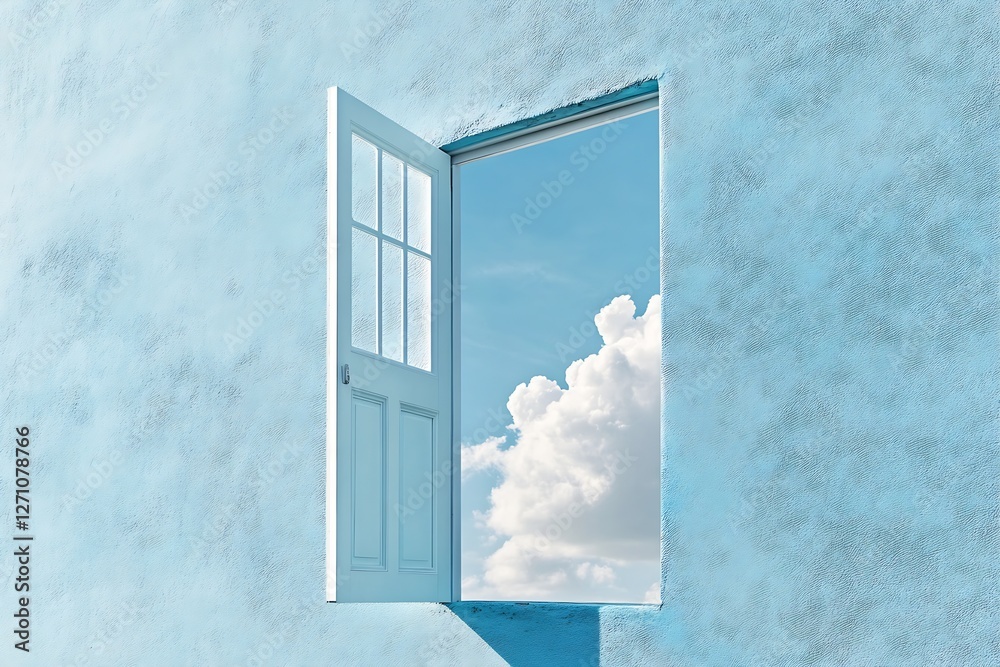 Poster bright and airy view of an open window showcasing a clear sky and clouds with a blue textured wall :