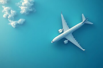 Airplane flying through cloud on blue sky. Airplane aerial view. paper cut and craft style