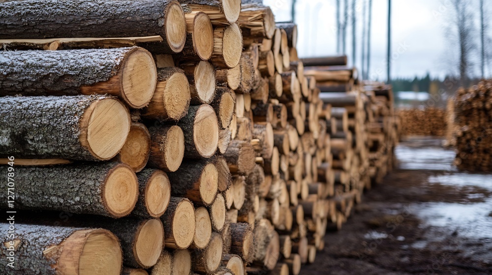 Poster Stacked logs ready for timber production in a scenic forest setting under cloudy skies : Generative AI