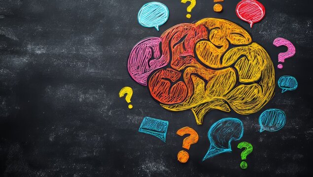 Inventive Problem-Solving: A lively brain with rotating gears, surrounded by question marks and solutions in thought bubbles