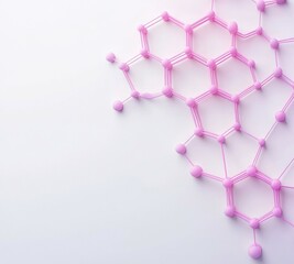 A vivid network of purple hexagons joined by lines, positioned on a pale pink background next to a laptop keyboard