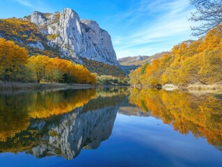 Obraz premium Reflections of fall foliage in clear mountain lake.