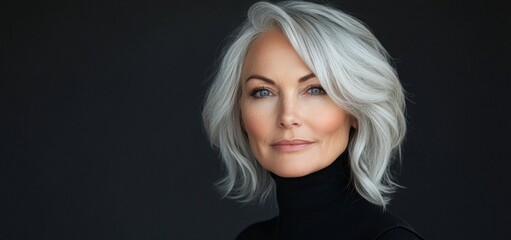A poised, mature woman with silver waves, exuding confidence and sophistication, perfect for lifestyle and empowerment campaigns