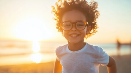 Myopia prevention with a child wearing glasses running at sunset. Fitness, wellness, and eye health