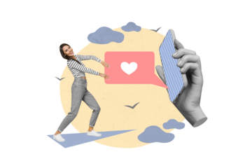 Collage photo of young attractive pretty blogger girlish lady wear striped pullover jeans hold big like message smartphone display isolated on painted background