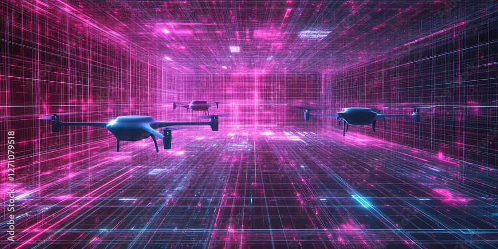 Poster Multiple high-tech drones navigating through a vibrant digital environment with neon light effects : Generative AI