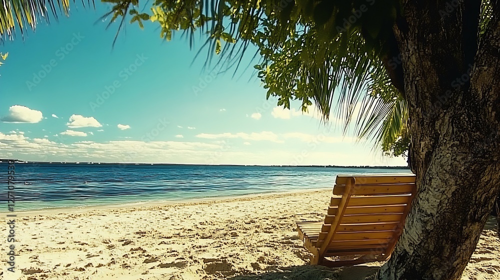 Poster peaceful beachside scene with a wooden bench under the shadows of palm trees on a sunny day : genera