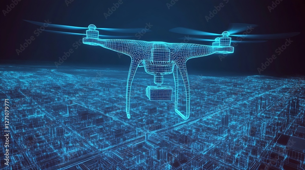 Leinwandbilder advanced drone flying above a smart city represented in wireframe with cutting edge technology : gen
