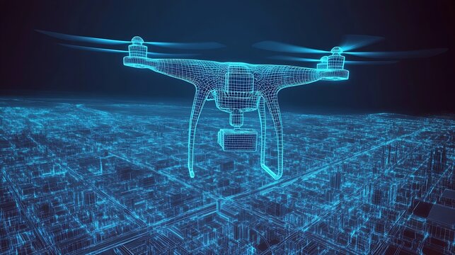 Advanced drone flying above a smart city represented in wireframe with cutting edge technology : Generative AI