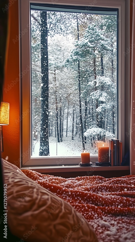 Poster cozy bedroom view showcasing a beautiful winter landscape through a large window filled with snow an