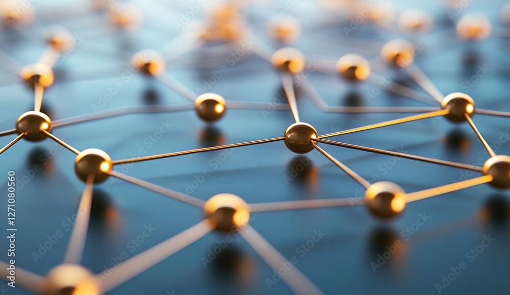 Poster exploring network connections: interlinked nodes visualized in abstract gold structure
