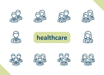 Healthcare people icons. Health care, staff, doctor, patient, nurse, pharmacist, dentist vector icon set